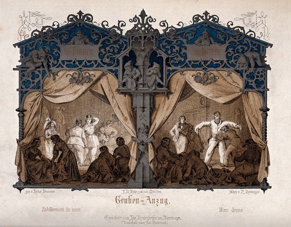 Women and men being fitted with the clothes for work in salt mines, other people are watching from the edge of the room. Mixed method print after P. Herwegen after Hans Brunner.