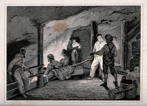 Salt mines in Dürrenberg: men stand at the head of the mine as two people prepare to go down the chute. Etching.