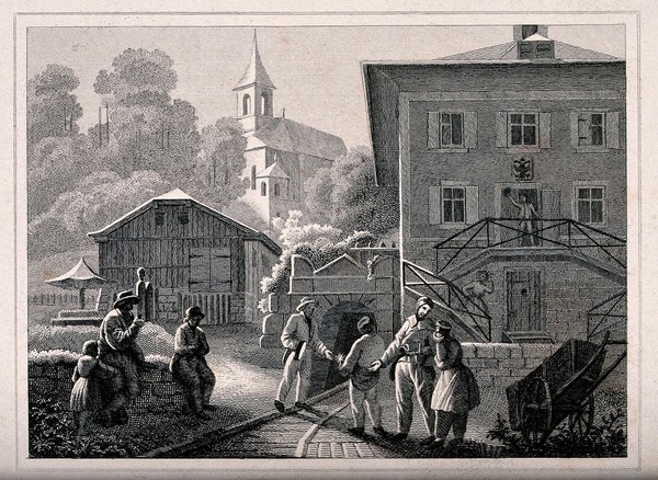 Salt mines at Dürrenberg: people standing in the streets near to the track that runs into the mine. Etching.