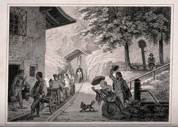 Salt mines at Dürrenberg: people greeting the men in the wagons on the rail, who have arrived back from the mine. Etching.