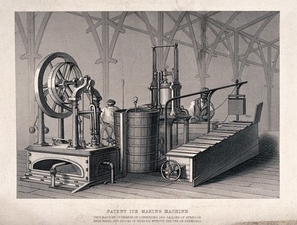 Two men are working at a machine for making ice. Engraving.