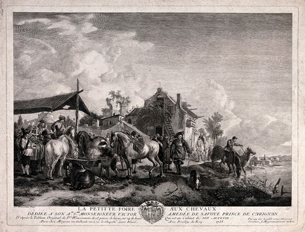 A horse fair: men and horses are gathered together in a village near a river. Etching by J. Moyreau after Ph. Wouwerman.