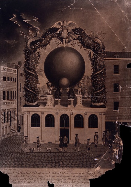 Men are walking in the street in front of a building with a large ball on the top which is supported by two monkey-like creatures and two bulls. Aquatint with etching after Elizabeth Henrietta Phelps after William Phelps.