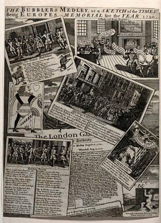 Caricatures of speculative investment bubbles in Europe in 1720. Engraving.
