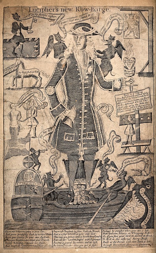 A man stands in a boat surrounded by horses, people and small devils. Engraving.