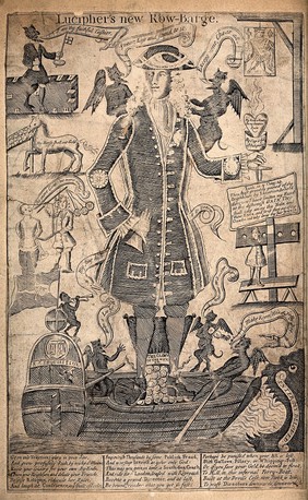 Robert Knight, Cashier of the South Sea Company, stands in a boat surrounded by horses, people and small devils. Engraving.