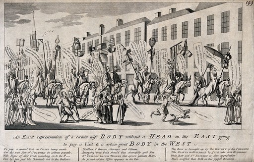 A crowd of people on horse back are carrying poles displaying various items. Etching.