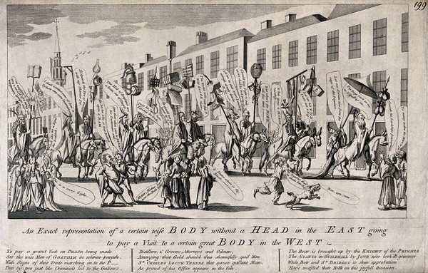 Aldermen of the City of London Corporation represented as Chinese and as monsters in procession to Westminster to protest against the Treaty of Paris, 1763. Etching after J.H. O'Neale, 1763.