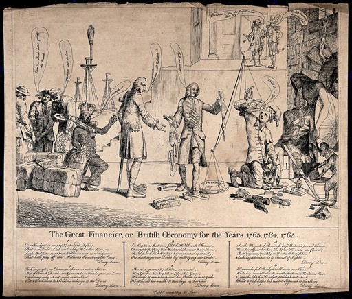 One man is holding scales which appear unbalanced as a crowd of people on the left are discussing the situation. Etching.