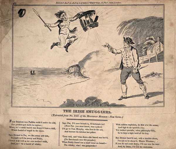 Two Irishmen in Brighton open a smuggled barrel of what they think is whiskey with a red-hot poker, but it contains gunpowder and explodes. Etching after Cruikshank.