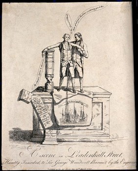 Two men are standing on a stone plinth with their feet on a sheet with ships on it, and columns are crumbling around them. Etching.