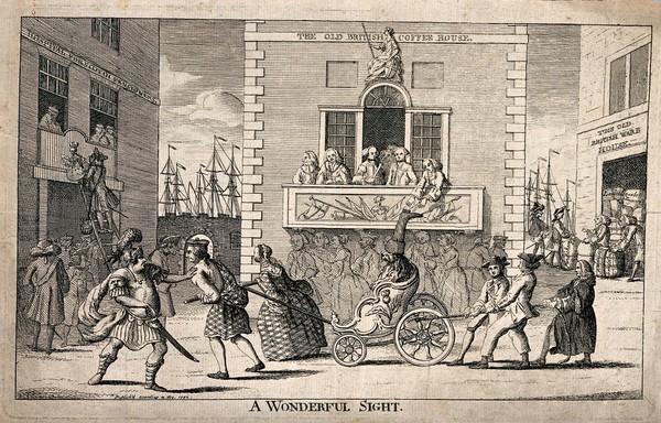 A procession with people pulling a dog in a carriage is going past a crowd of people on a balcony. Etching.