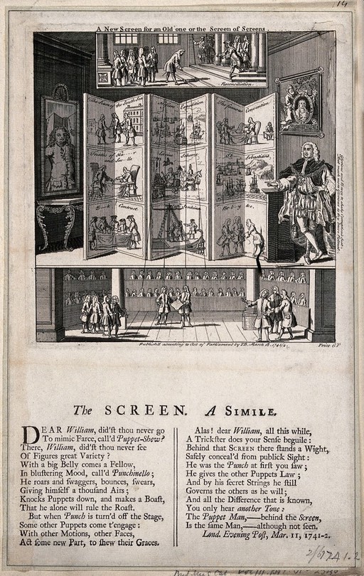 A man stands pointing to a large screen, other people are sitting and standing around talking with papers in their hands. Etching.