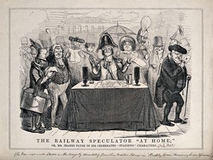 view A railway speculator (James Plush, Jeames de la Pluche) sitting at a table handing out railway share certificates to people (?). Wood engraving, 1845.