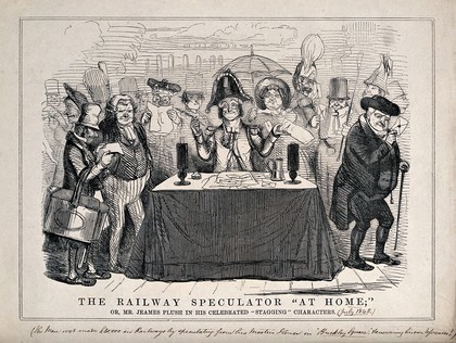 A railway speculator (James Plush, Jeames de la Pluche) sitting at a table handing out railway share certificates to people (?). Wood engraving, 1845.