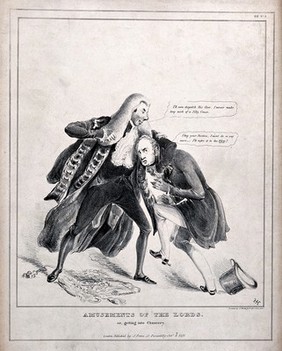 A man in a wig has his arm around another man's throat. Lithograph.
