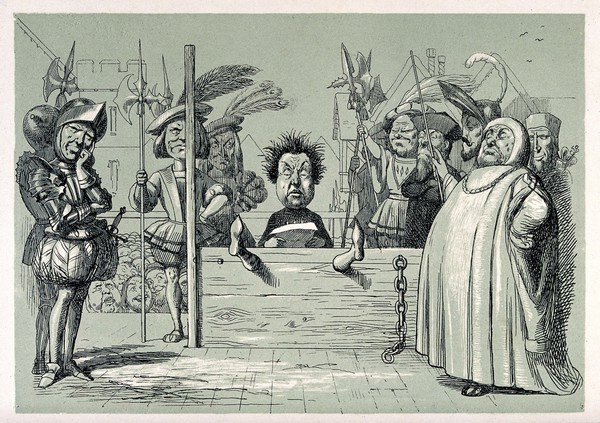 Perkin Warbeck imprisoned in the stocks and reading his confession before a crowd of spectators. Tinted lithograph after R. Doyle.