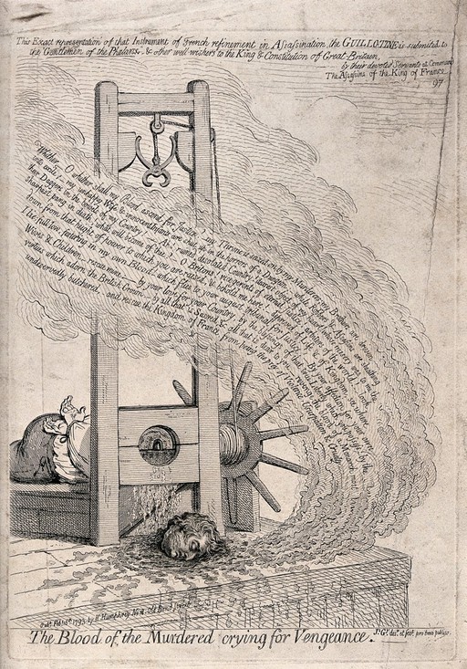 The head of a man cut off by a guillotine. Etching by James Gillray after himself.