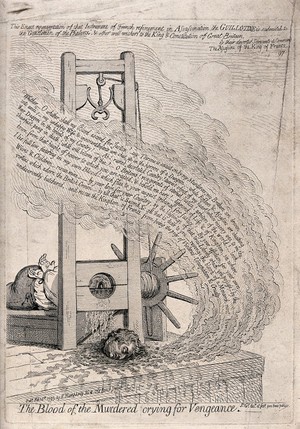 view The head of King Louis XVI being cut off by a guillotine. Etching by James Gillray, 1793.