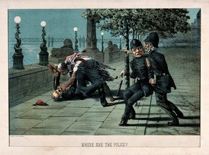 view A man has been knocked to the ground and is being beaten by a man wearing a long gown and a turban, the police nearby seem reluctant to intervene. Colour lithograph by Judd & Co. after Tom Merry.