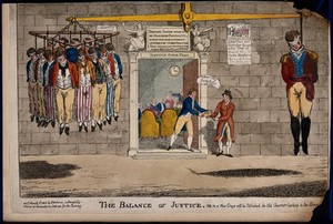view One man dressed in soldier's uniform hangs on one side of the balance while a greater number in common dress hang on the other side. Coloured etching.