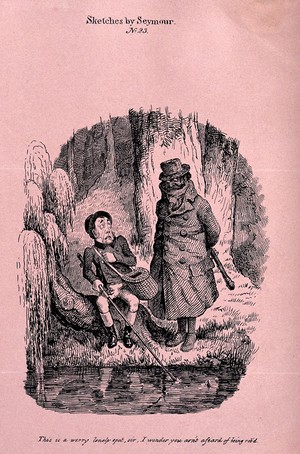 view A tailor fishing on a river bank is cowering away from a man with a large cosh hidden behind his back, who robs him of his hat, coat and boots. Lithograph after R. Seymour, 183-.