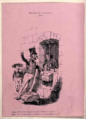 A soldier, leaning against the window ledge of a prison window with a large empty flask on the ground, is conversing with a prisoner who is looking through the bars while holding a tankard in his hand. Lithograph after R. Seymour.