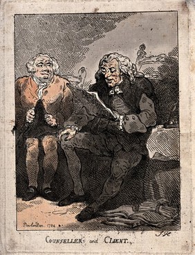 A man sitting in a chair, reading a document to another man who holds his hat in his lap. Coloured etching by T. Rowlandson, 1784.