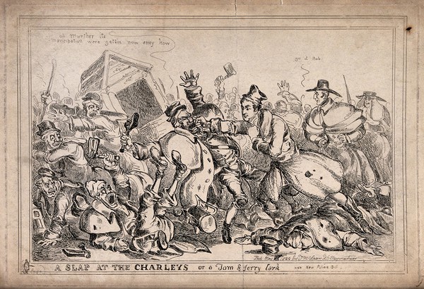 Robert Peel as a pugilist attacking night watchmen with the intention of replacing them by the police force. Etching by Paul Pry (W. Heath).