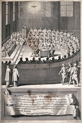 The Council of Trent: the Holy Ghost appearing above the councillors. Engraving by P.A. Pazzi after Giovanni Domenico Campiglia.