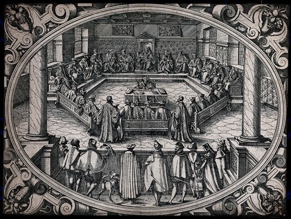 Members of a council, senate or tribunal in session. Etching by J. Amman, 1579.