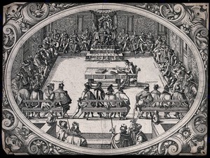 view The emperor of the Holy Roman Empire in council with kings, dukes, earls and others. Etching by J. Amman, 1579.