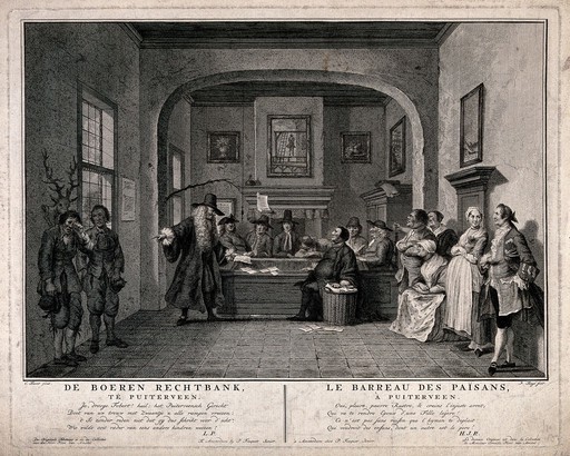 A man sits with his head on a desk, a boy at the side of the room is in tears, many other people are watching the proceedings from the edges of the room. Engraving by P. Tanjé after C. Troost.