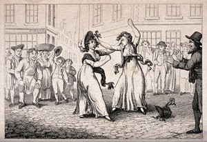 view Two women are fighting in the street as acrowd cheers them on. Etching, 17--.