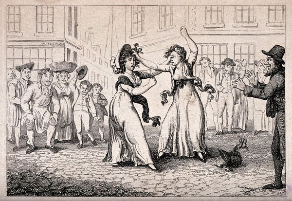 Two women are fighting in the street as acrowd cheers them on. Etching, 17--.