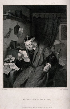 view A lawyer in his study. Engraving by W.H. Worthington after A. Ostade.