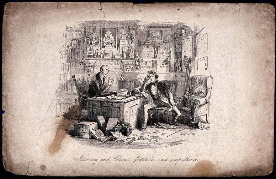 The lawyer Vholes advises Richard Carstone. Etching by Hablot K. Browne, 1853.