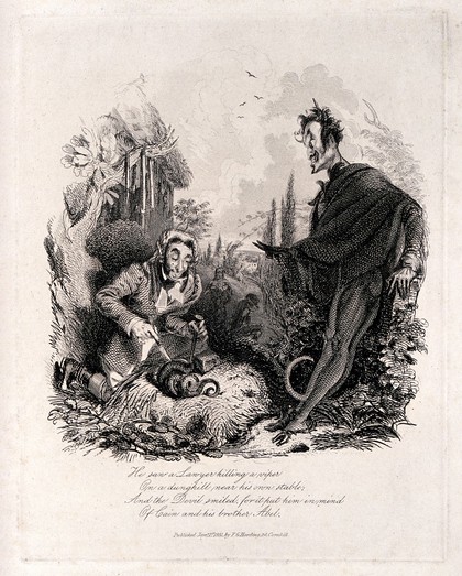 A lawyer sticking knives into a snake: the devil looks on. Etching by T. Landseer, 1831.