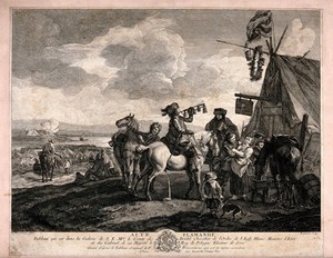 view Men have arrive at an encampment on horses, one is blowing a bugle and another is persuading a young woman to have a drink. Engraving by Beaumont after P. Wouwermens.