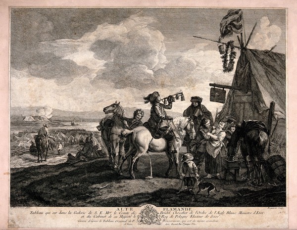 Men have arrive at an encampment on horses, one is blowing a bugle and another is persuading a young woman to have a drink. Engraving by Beaumont after P. Wouwermens.