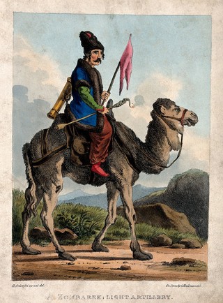 A man carrying a flag is riding on a camel. Coloured lithograph by Hullmandel after A. Orlowski.