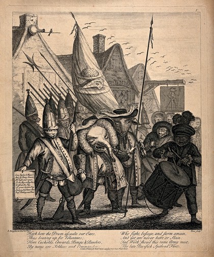 A crowd of figures with the heads of animals carry banners and beat drums as they form a procession; representing the City of London Volunteers. Engraving by William Henry Toms after E. Heemskerk.