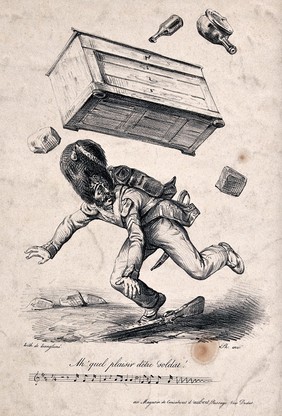 A soldier has dropped his rifle and is falling as a wardrobe and other items fall down around his head. Lithograph by Langlumé after C. Philipon.