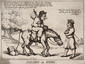 view A man on a horse with a stone tied to its tail is talking to another man on the road. Etching.