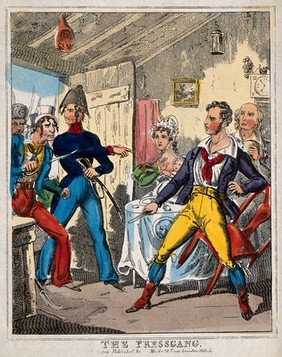 A man in a soldier's uniform is instructing men with cutlasses to remove a reluctant recruit from his home. Coloured wood engraving.