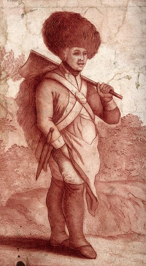 view A man in uniform. Etching.