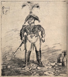 A man in uniform wearing a large three-cornered hat with peacock feathers in it. Lithograph.