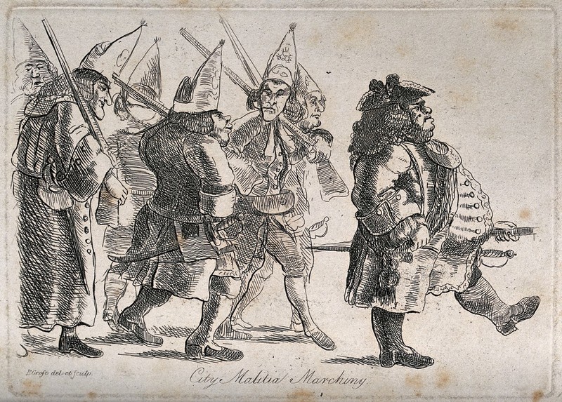 A fat man in uniform and carrying a sword leads a disorderly band of men with rifles. Etching by F. Grose after himself., 1788, by Francis Grose