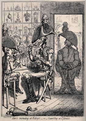 Kelsey's shop in St James's London, where fruit, jellies and sweets are served; a man and a boy are enjoying its wares. as another stands by the door. Process print after James Gillray.