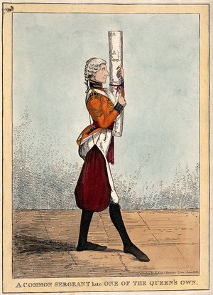 view A man in uniform is carrying a large sack over his shoulder and a long roll of paper tied with ribbon in his hands. Coloured etching.